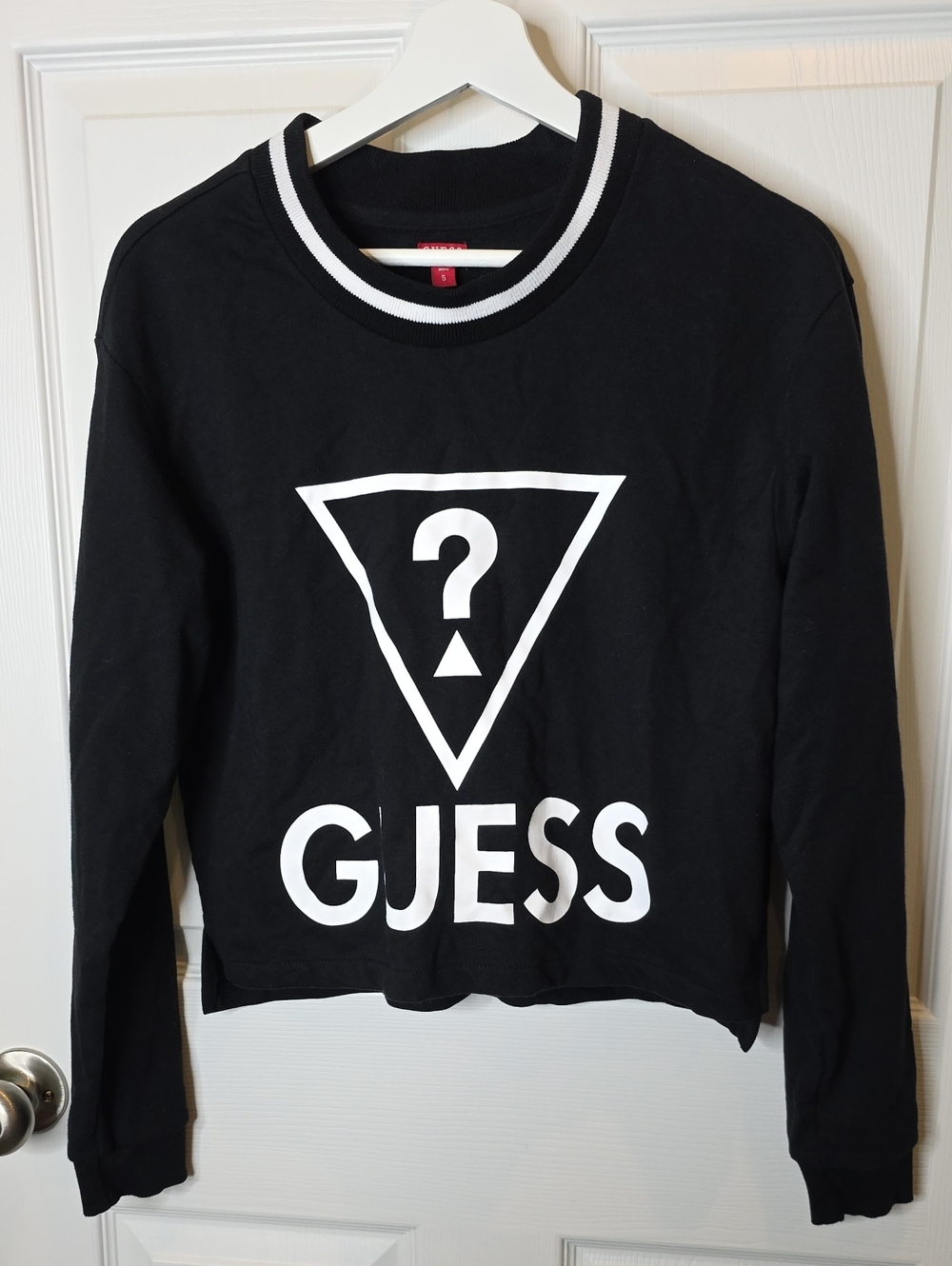 Guess Women's Cropped Black and White Spell-Out Logo Sweatshirt, Size Small